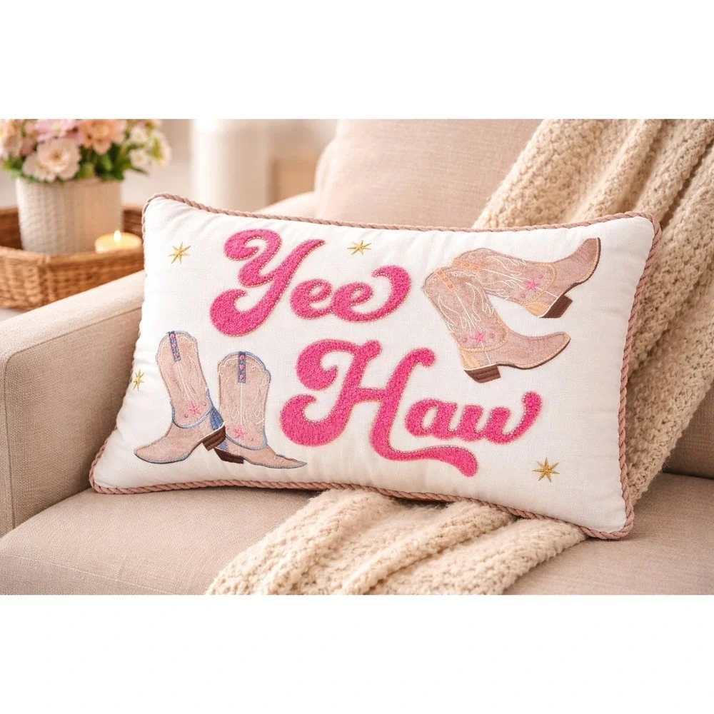 Isaac Mizrahi Yee Haw Pillow 23x14 Western Cowgirl Boots Pink Embroidered Decor